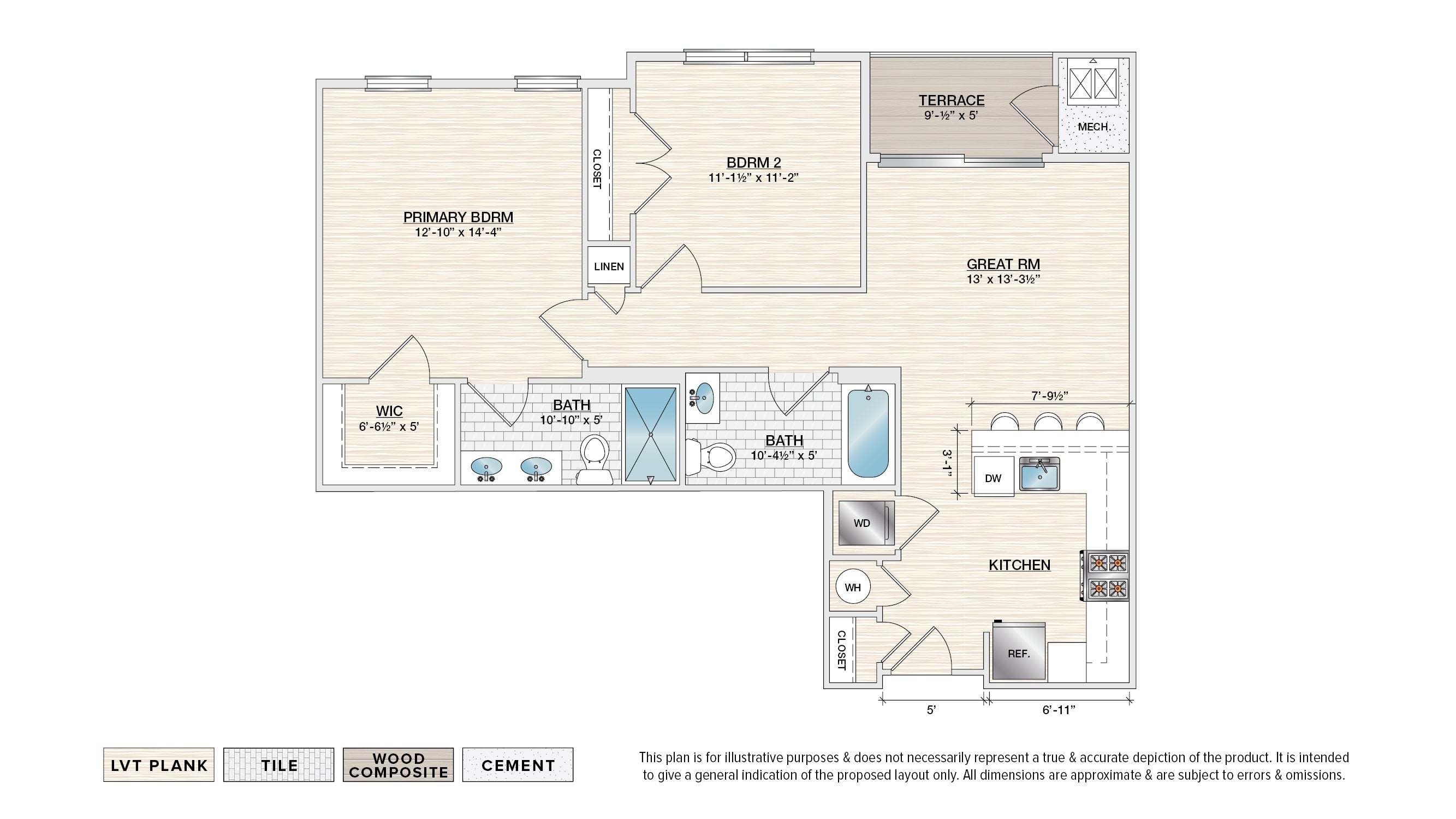 The Barton (LE-B) elevator building apartment floor plan with 2 bedrooms, 2 baths, and a patio/balcony
